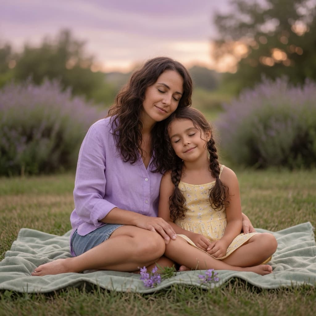 A parent and child sitting close together, calm